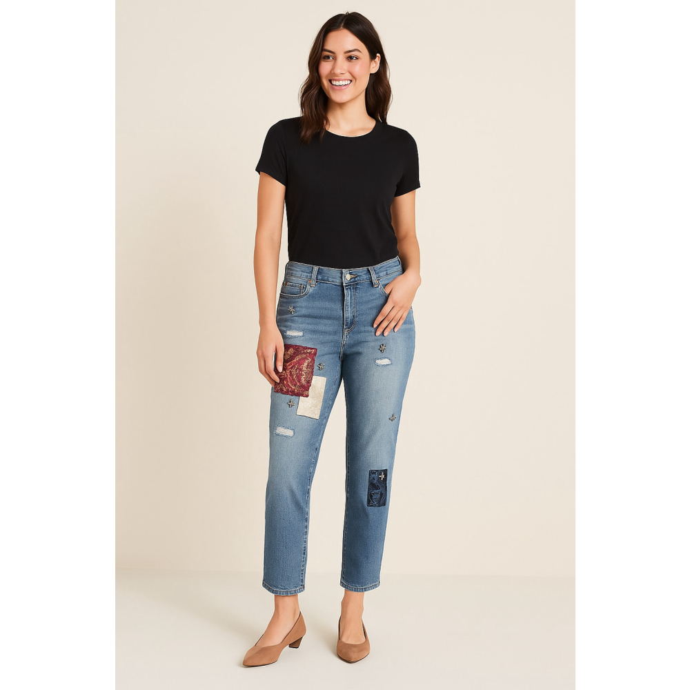 Chicos Jeans Slim Girlfriend Crop Patch Rhinestone Distressed Light 0 REG (US 4)